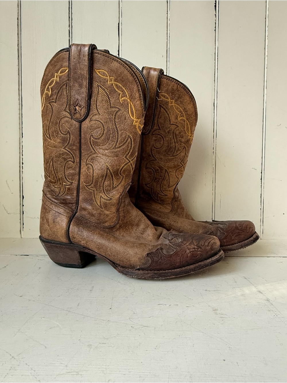 Tony Lama Bark Santa Fe Tooled Wingtip Leather Western Cowboy Boots 6.5 B